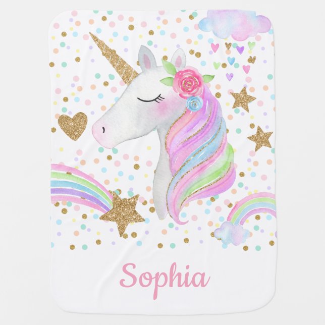 Rainbow Unicorn Gold Glitter Personalized Baby Blanket (Front)