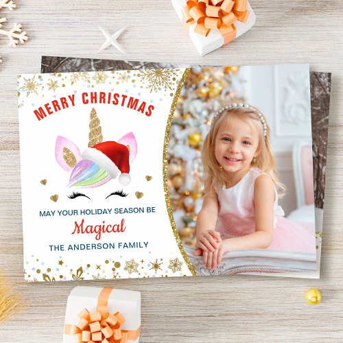 Rainbow Unicorn Gold Magical Christmas 2 Photo Holiday Card