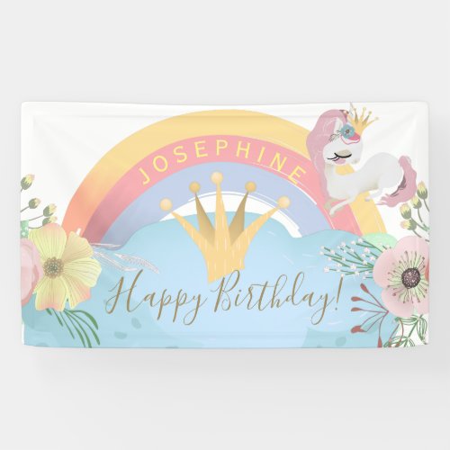 Rainbow unicorn Happy Birthday floral cute Banner