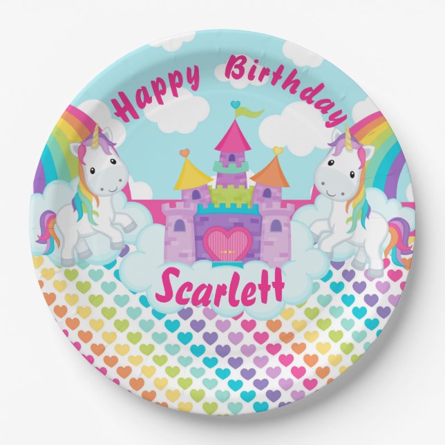 Rainbow Unicorn Happy Birthday Personalized Paper Plates (Front)