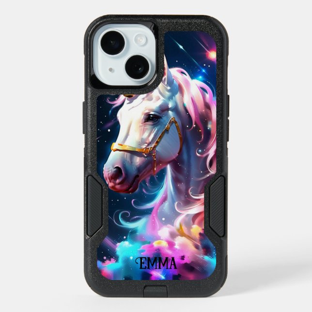 Rainbow Unicorn Head Custom Name iPhone 15 Case (Back)