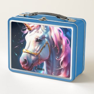Rainbow Unicorn Head Custom Name Script Text Lunch Box