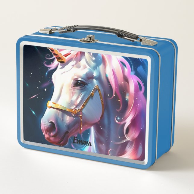 Rainbow Unicorn Head Custom Name Script Text Metal Lunch Box (Front)