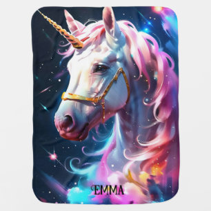 Rainbow Unicorn Head Custom Name Text Baby Blanket
