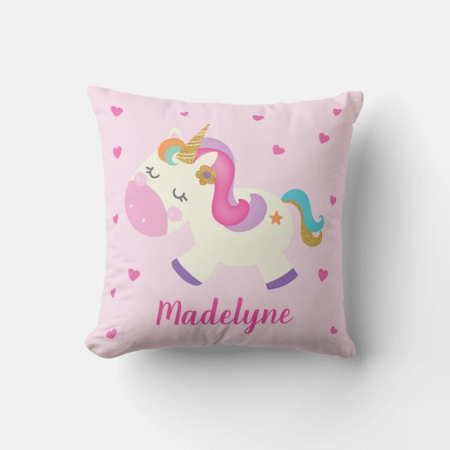 Rainbow Unicorn Hearts Personalized Pink Throw Pillow (Front)
