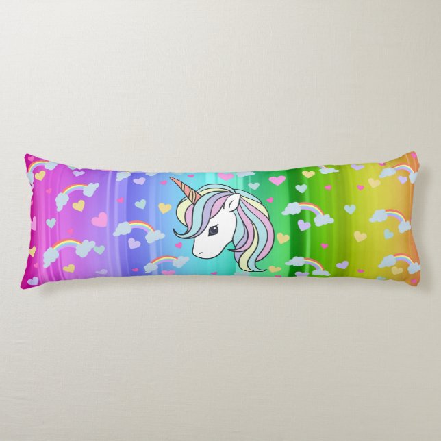 Rainbow Unicorn Hearts Print Body Pillow (Front)