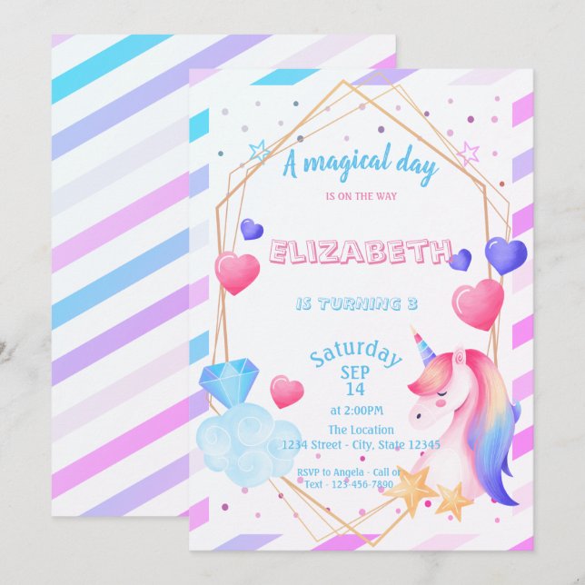 Rainbow Unicorn,Hearts, Striped Birthday Invitation (Front/Back)
