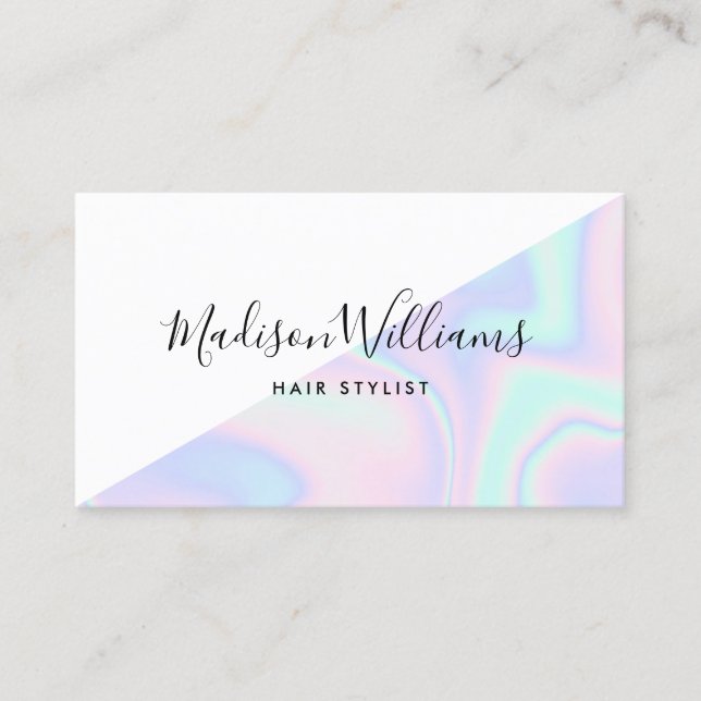 Rainbow unicorn holographic hair salon color block business card (Front)