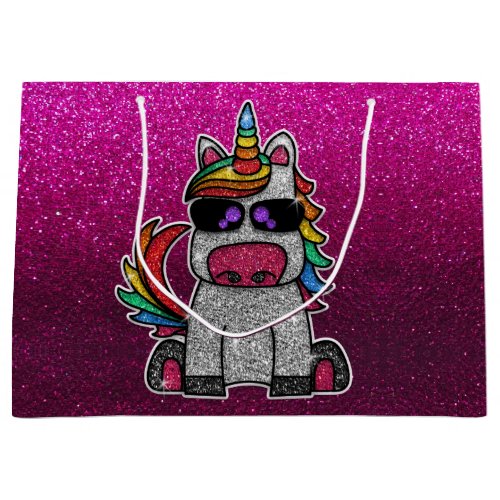 Rainbow Unicorn Hot Pink Glitter Birthday Party Large Gift Bag