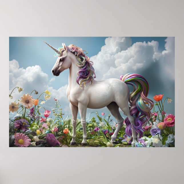 Rainbow Unicorn in Flower Meadow – Fantasy Pastel  Poster (Front)