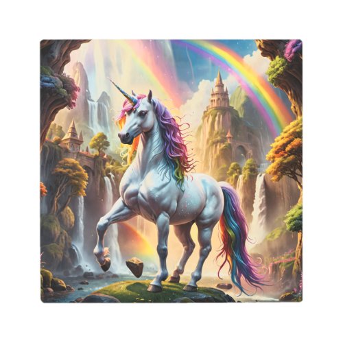 Rainbow Unicorn in front of Castle Metal Print