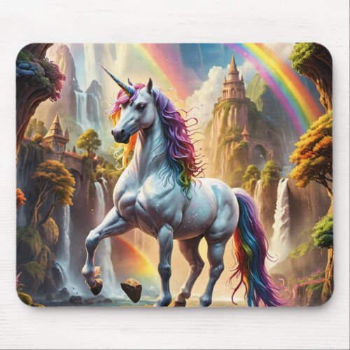 Rainbow Unicorn in front of Castle Mouse Pad