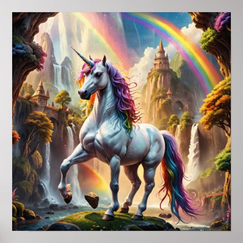 Rainbow Unicorn in front of Castle Poster