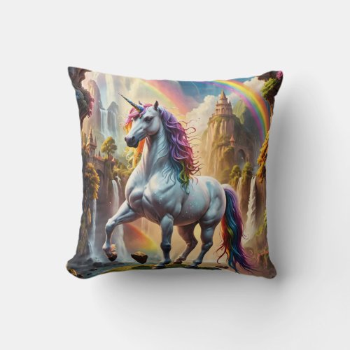 Rainbow Unicorn in front of Castle Throw Pillow