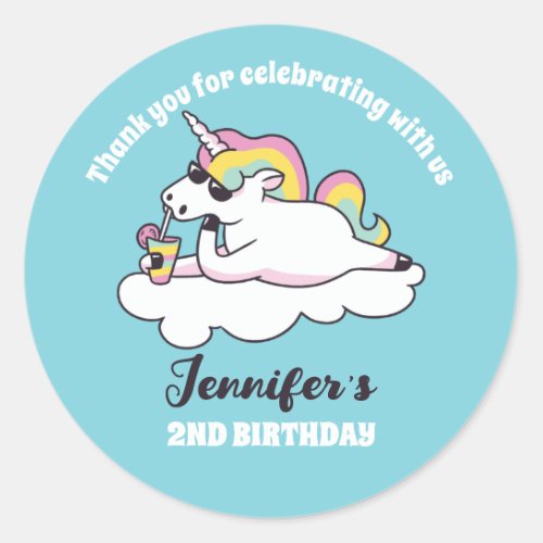 Rainbow Unicorn in Sunglasses Birthday Party Favor Classic Round Sticker