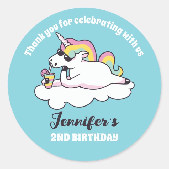 Rainbow Unicorn in Sunglasses Birthday Party Favor Classic Round Sticker (Front)
