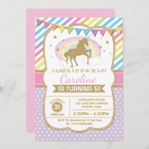 Rainbow Unicorn Invitation Birthday Party Invite