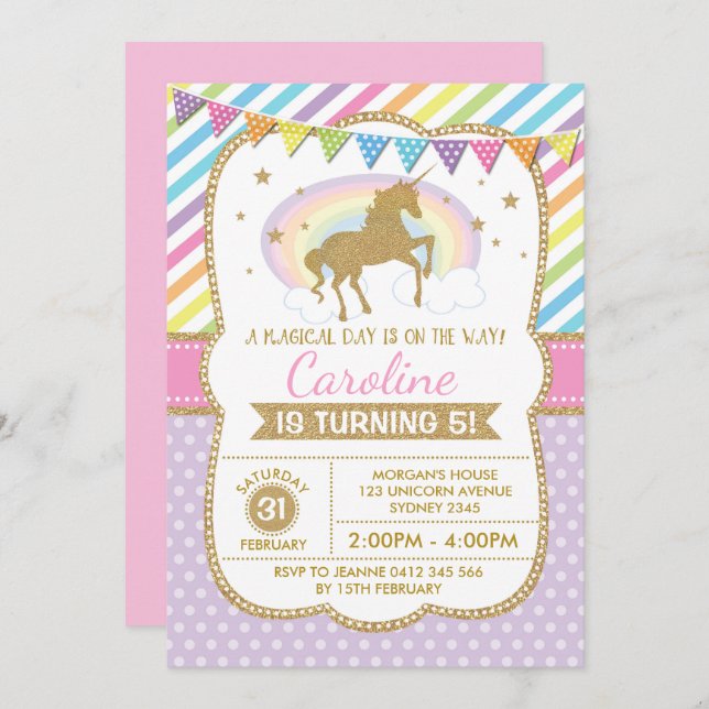 Rainbow Unicorn Invitation Birthday Party Invite (Front/Back)