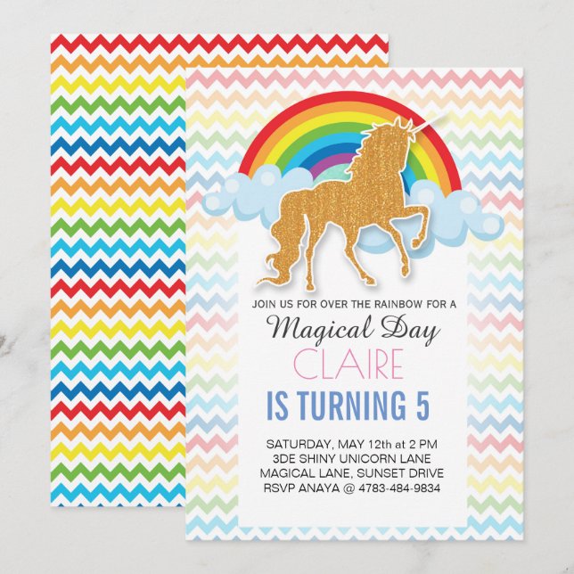 Rainbow Unicorn Invitations for birthday party (Front/Back)