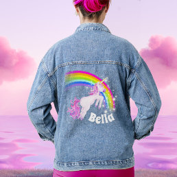 Rainbow unicorn jumping girls name  denim jacket