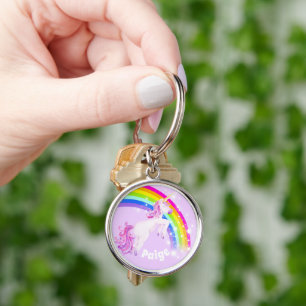 Rainbow unicorn jumping girls name keychain
