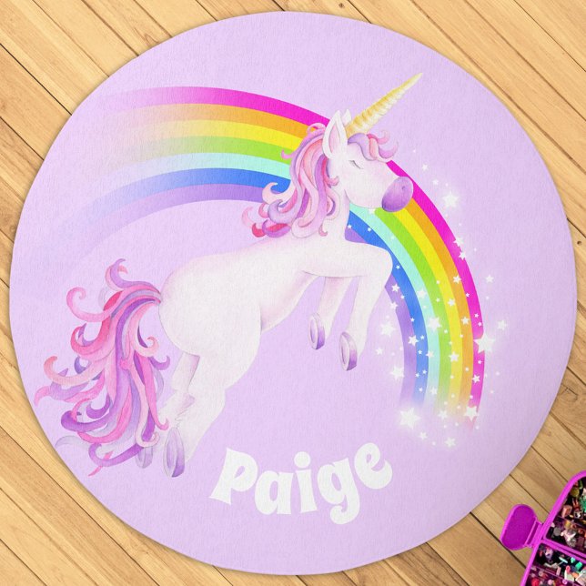 Rainbow unicorn jumping girls name kids rug (Creator Uploaded)