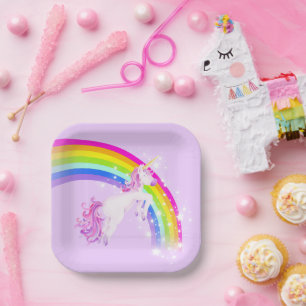 Rainbow unicorn jumping purple sky paper plates