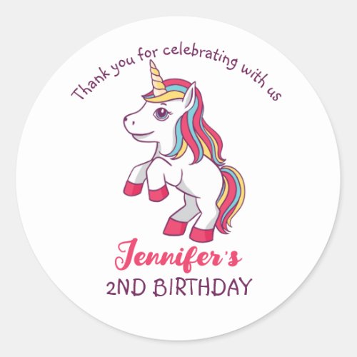Rainbow Unicorn Kids Birthday Party Favor Classic Round Sticker