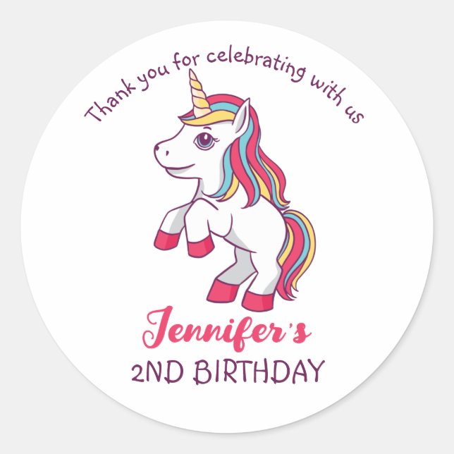 Rainbow Unicorn Kids Birthday Party Favor Classic Round Sticker (Front)