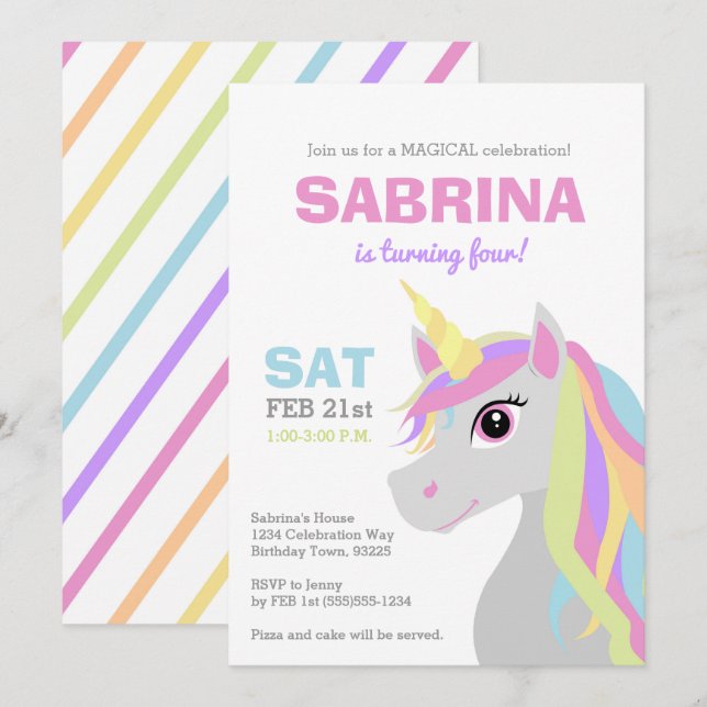 Rainbow Unicorn Kids Birthday Party Invitation (Front/Back)