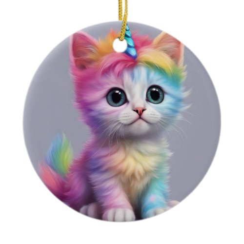 Rainbow Unicorn Kitten Ceramic Ornament
