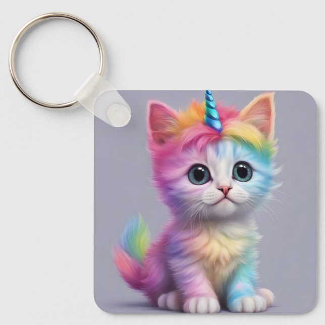 Rainbow Unicorn Kitten Keychain (Front)