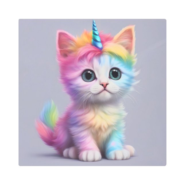 Rainbow Unicorn Kitten Metal Print (Front)