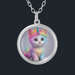 Rainbow Unicorn Kitten Silver Plated Necklace<br><div class="desc">Cute Rainbow Unicorn Kitten.</div>
