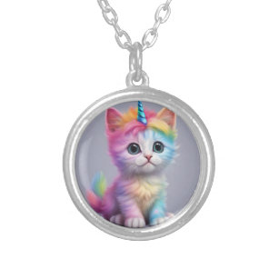 Rainbow Unicorn Kitten Silver Plated Necklace