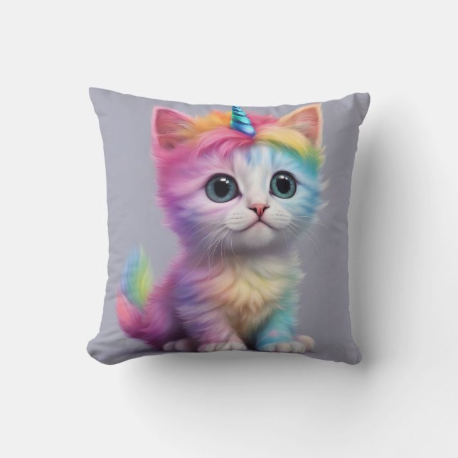 Rainbow Unicorn Kitten Throw Pillow (Front)