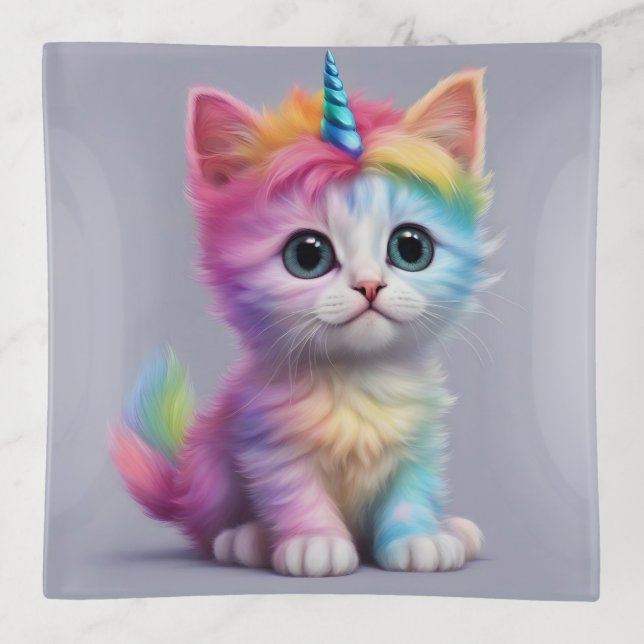 Rainbow Unicorn Kitten Trinket Tray (Front)