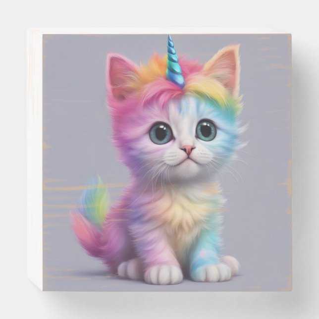Rainbow Unicorn Kitten Wooden Box Sign (Front Horizontal)