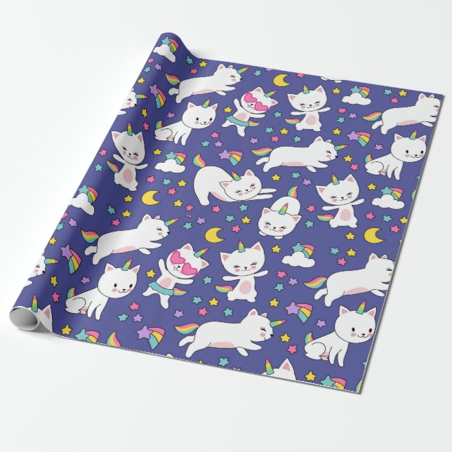 Rainbow Unicorn Kitties Wrapping Paper (Unrolled)