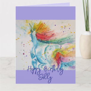 Rainbow Unicorn lilac Watercolor Girls Birthday Card