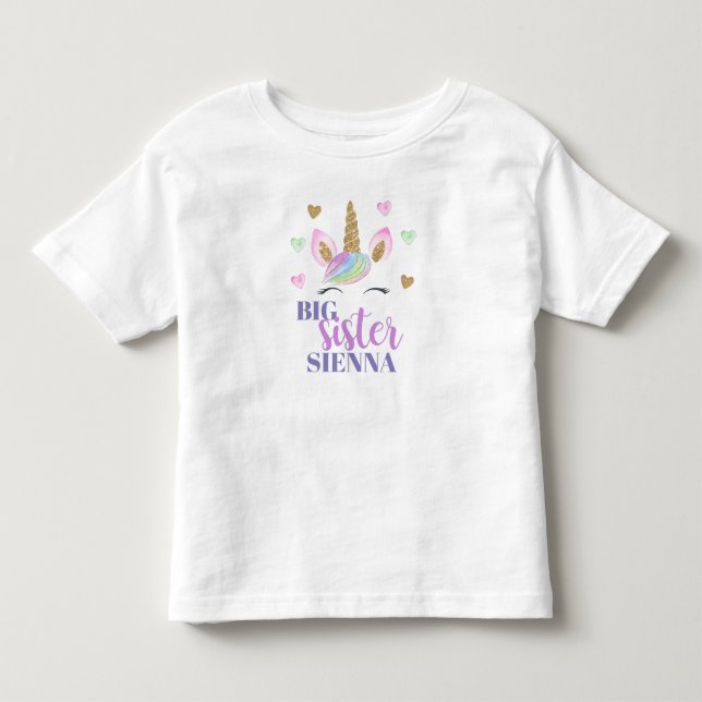 Rainbow Unicorn Love Heart Big Sister Personalized Toddler T-shirt (Front)