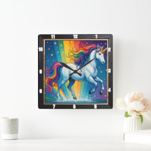 Rainbow Unicorn Magic Fantasy Square Wall Clock