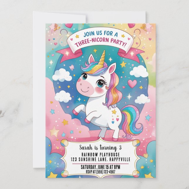 Rainbow Unicorn Magical 3rd Birthday Unicorn  Invitation (Front)