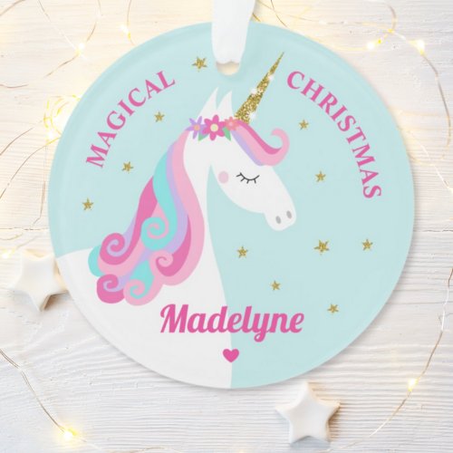 Rainbow Unicorn Magical Christmas Aqua Ornament