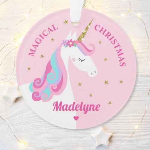 Rainbow Unicorn Magical Christmas Pink Ornament