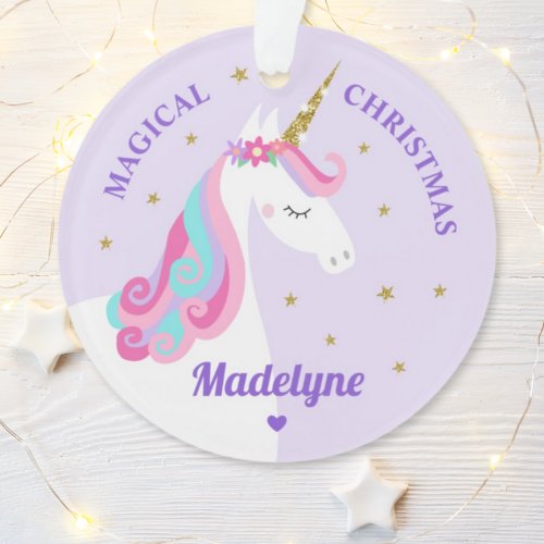 Rainbow Unicorn Magical Christmas Purple Ornament