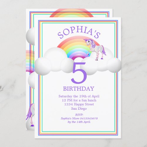 Rainbow Unicorn Magical  Cute  Birthday Invitation