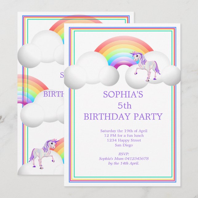 Rainbow Unicorn Magical  Cute  Birthday Invitation (Front/Back)