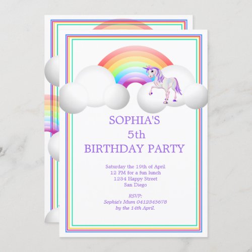 Rainbow Unicorn Magical  Cute  Birthday Invitation
