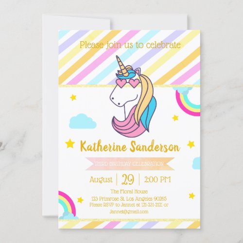 Rainbow Unicorn Magical Fairy tale Girls Birthday Invitation